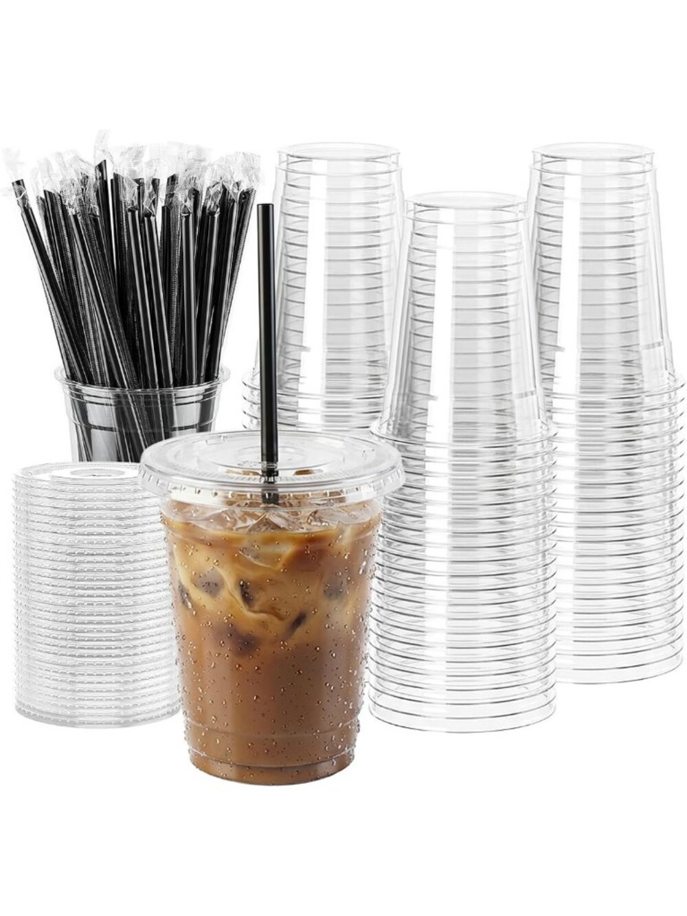 200 Disposable 12oz Plastic Cups with Lids & Straws for Iced Coffee, Smoothies